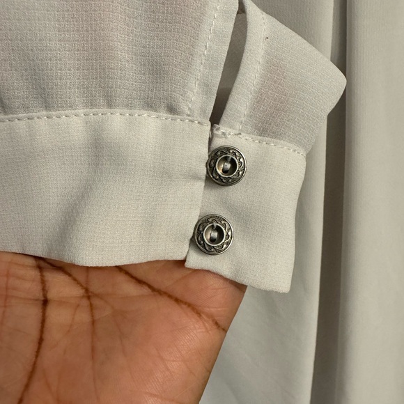 Tie Neck Blouse with Floral Embroidered Detail in the color Smoke - Picture 7 of 7